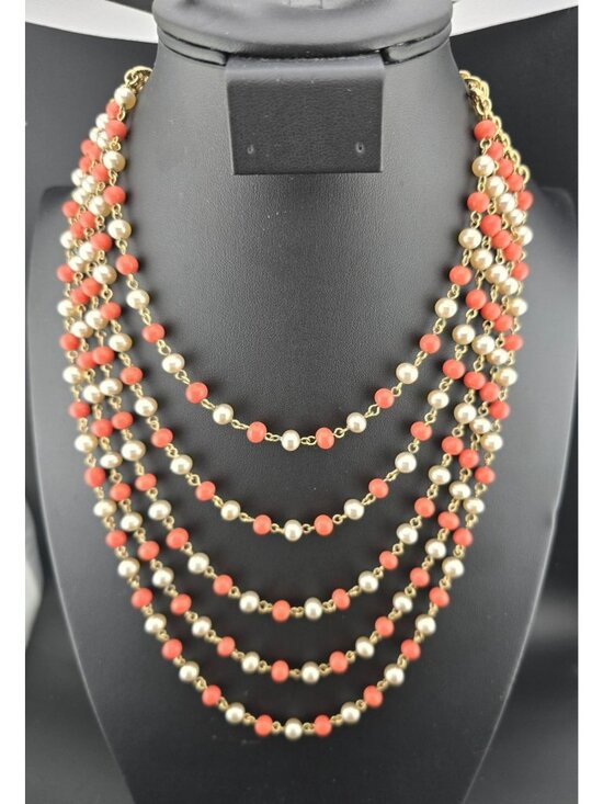 None Jewelry - Faux Coral and Pearl Beads Necklace Gold Tone Multi-Strand 16" Adjustable Length